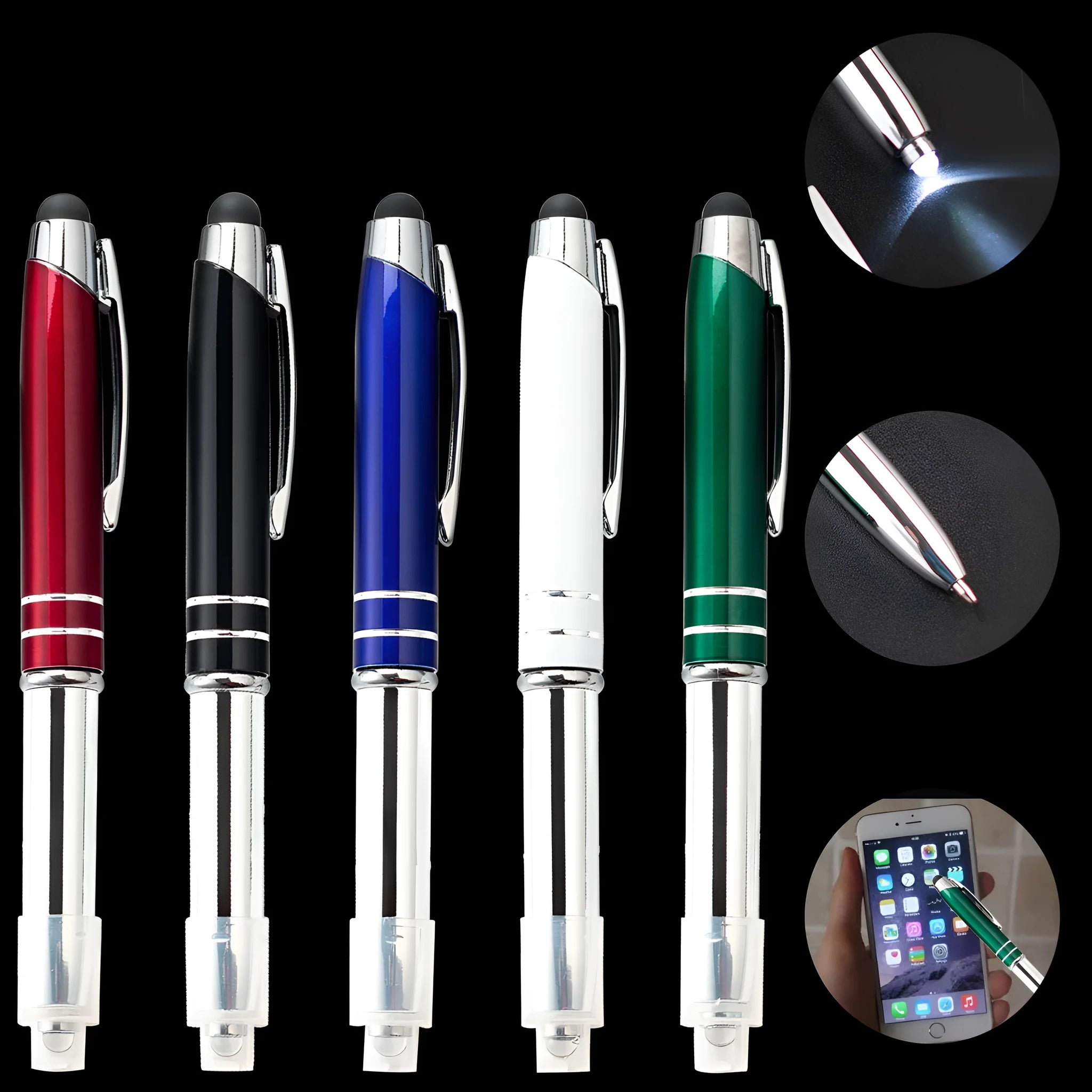 Metal capacitive stylus ballpoint pen with LED light in red, black, white, green or blue colours
