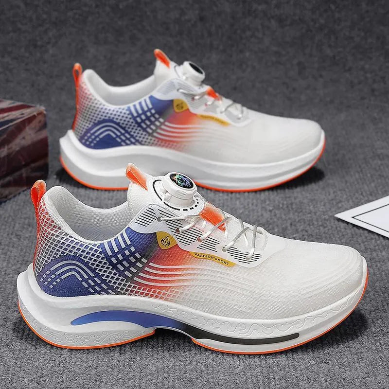 Men's white and blue mesh sneakers with rotating buckle closure and rubber sole