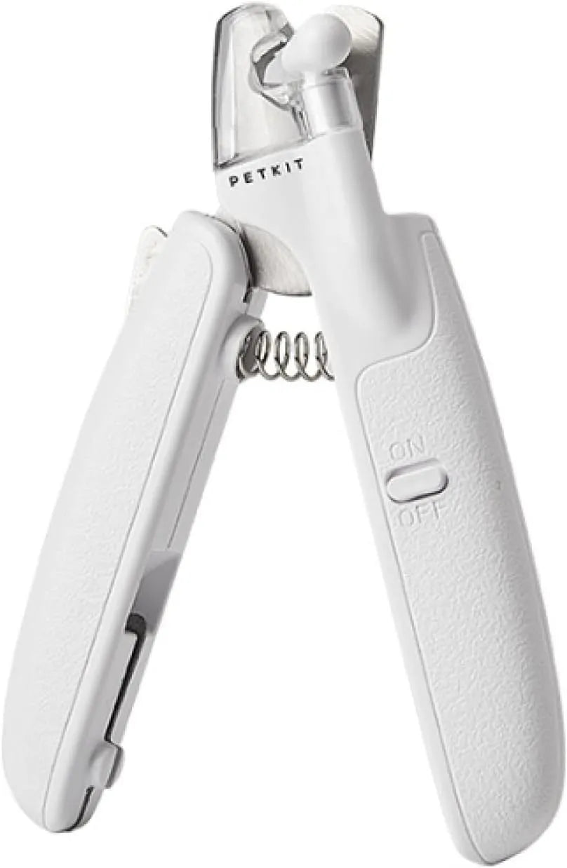 White pet nail clippers with LED light, triangular blade, and transparent anti-splash guard