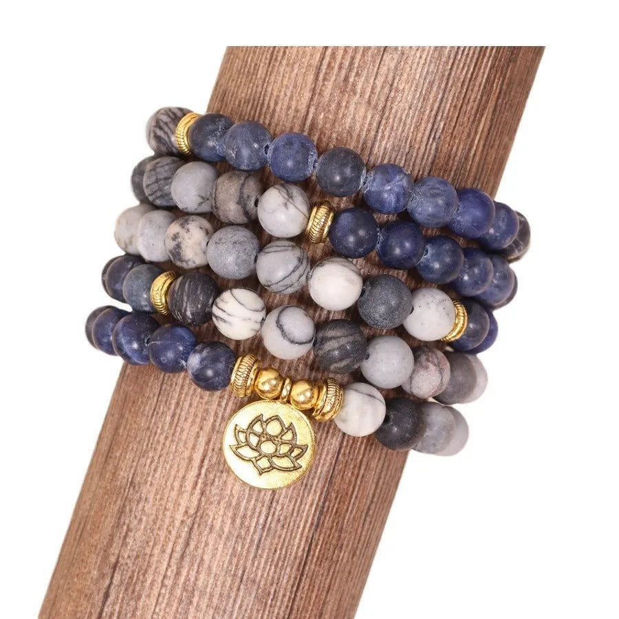 Blue patterned network stone beads on a multi-layer alloy bracelet for women