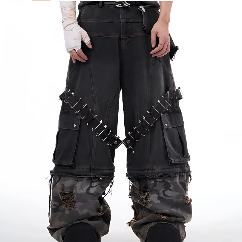Men's grey camouflage splicing jeans with pin and ribbon details on cotton fabric