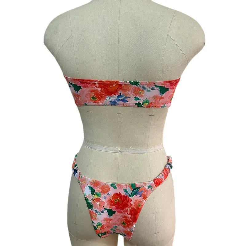 Women's floral lace trim bikini set with sleeveless tube top and matching briefs in backless design