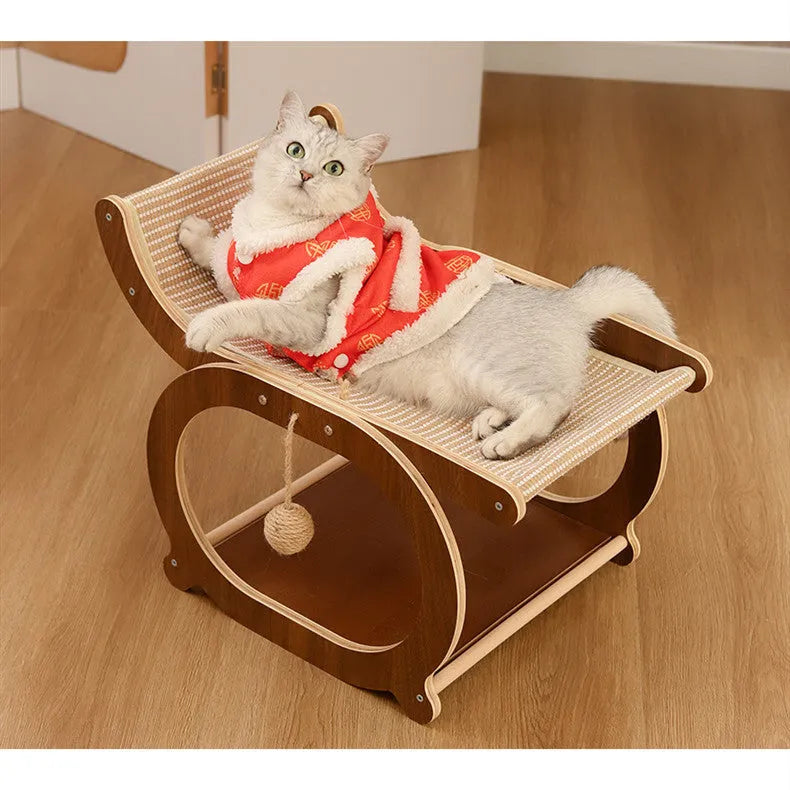Solid wood sisal cat scratcher bed in recliner design with walnut or wood colour finish