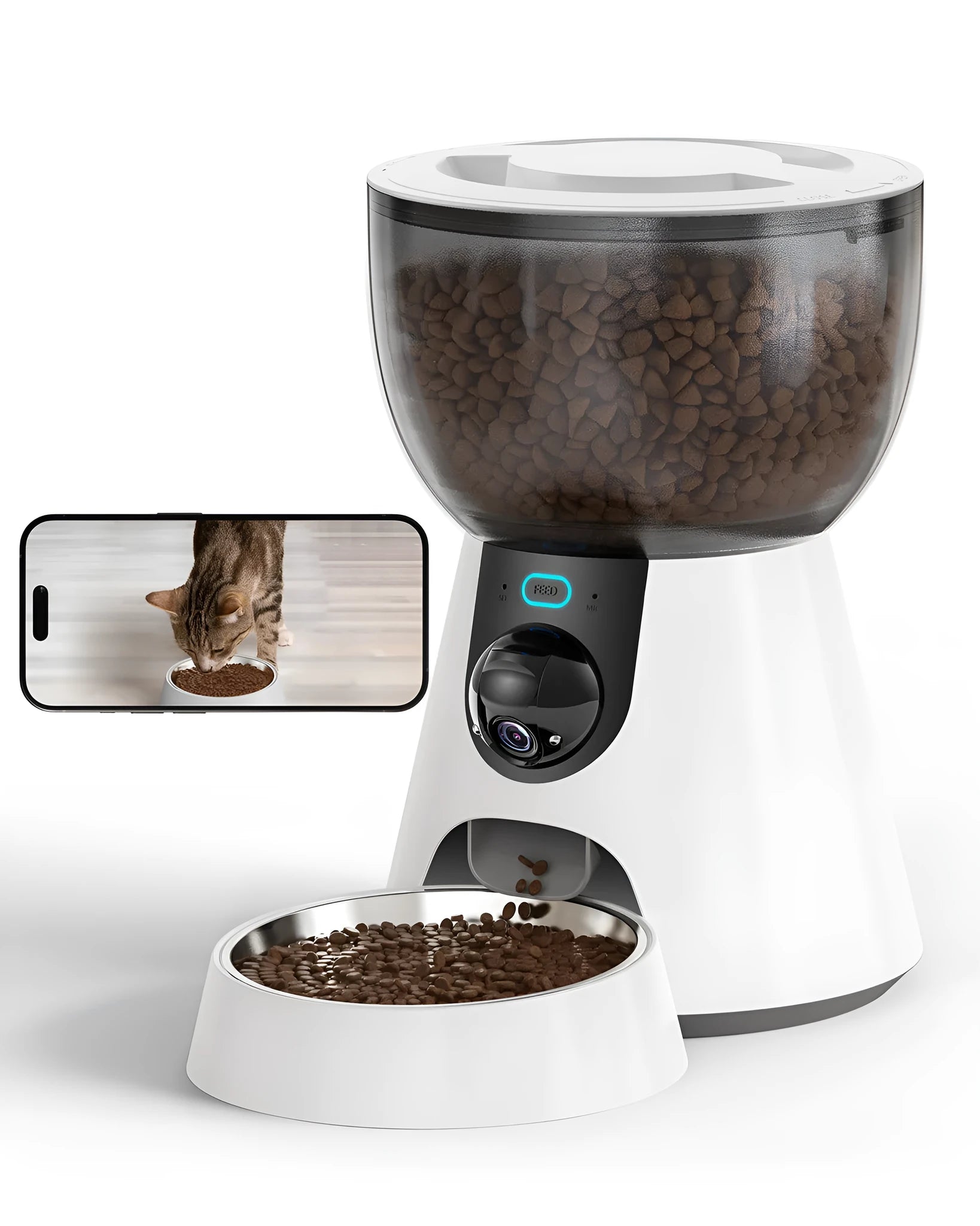 Automatic cat feeder with 1080P camera, night vision, 5G WiFi, two-way audio, 4L capacity, stainless steel tray, and low food alert