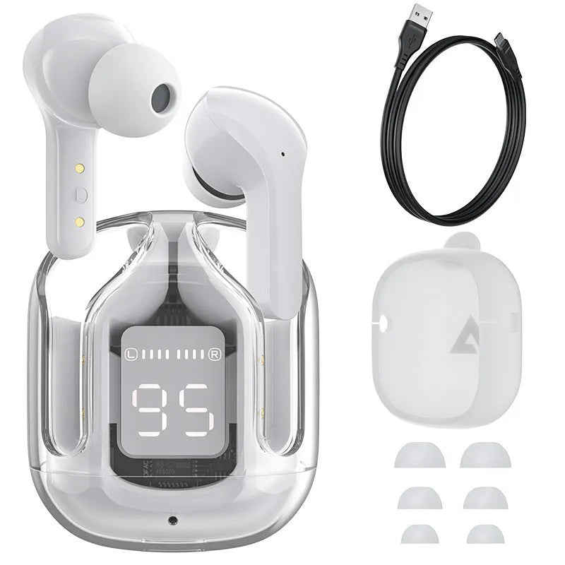 Mini LED display wireless Bluetooth headset with charging compartment in pink colour option