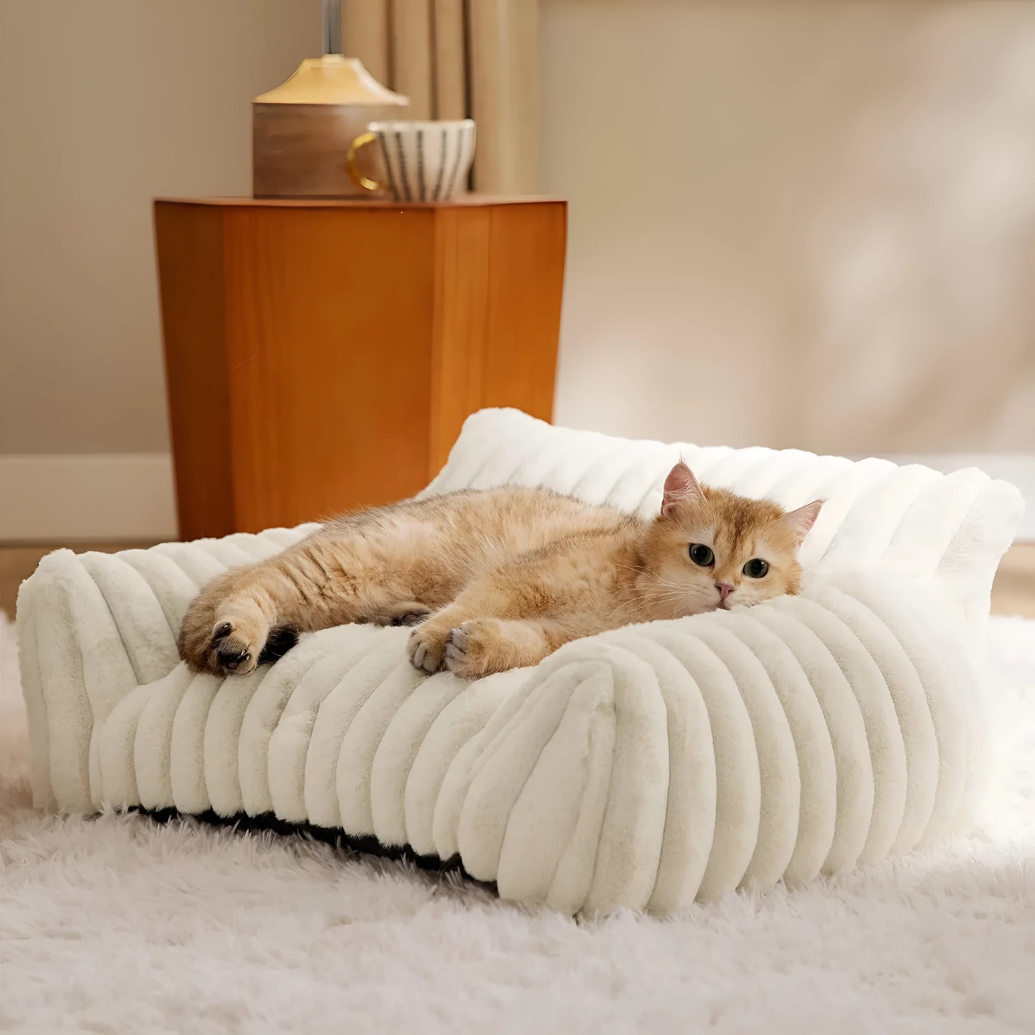 Bedsure fluffy cat couch in beige with corduroy fleece cover and three-sided support design