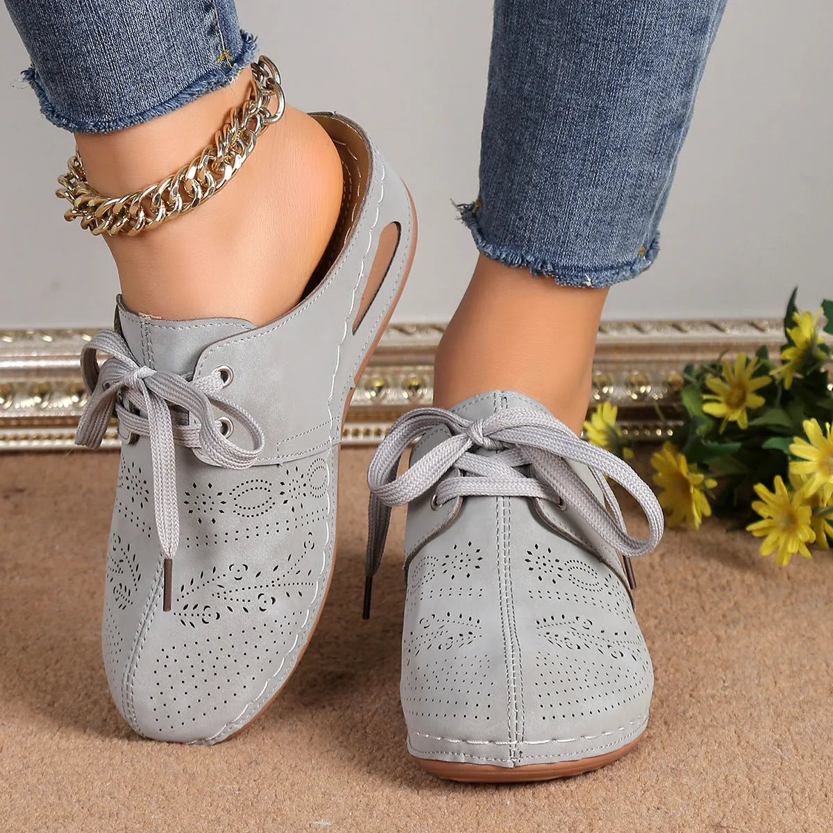 Women's black lace-up baotou wedge sandals with hollow out design and rubber sole