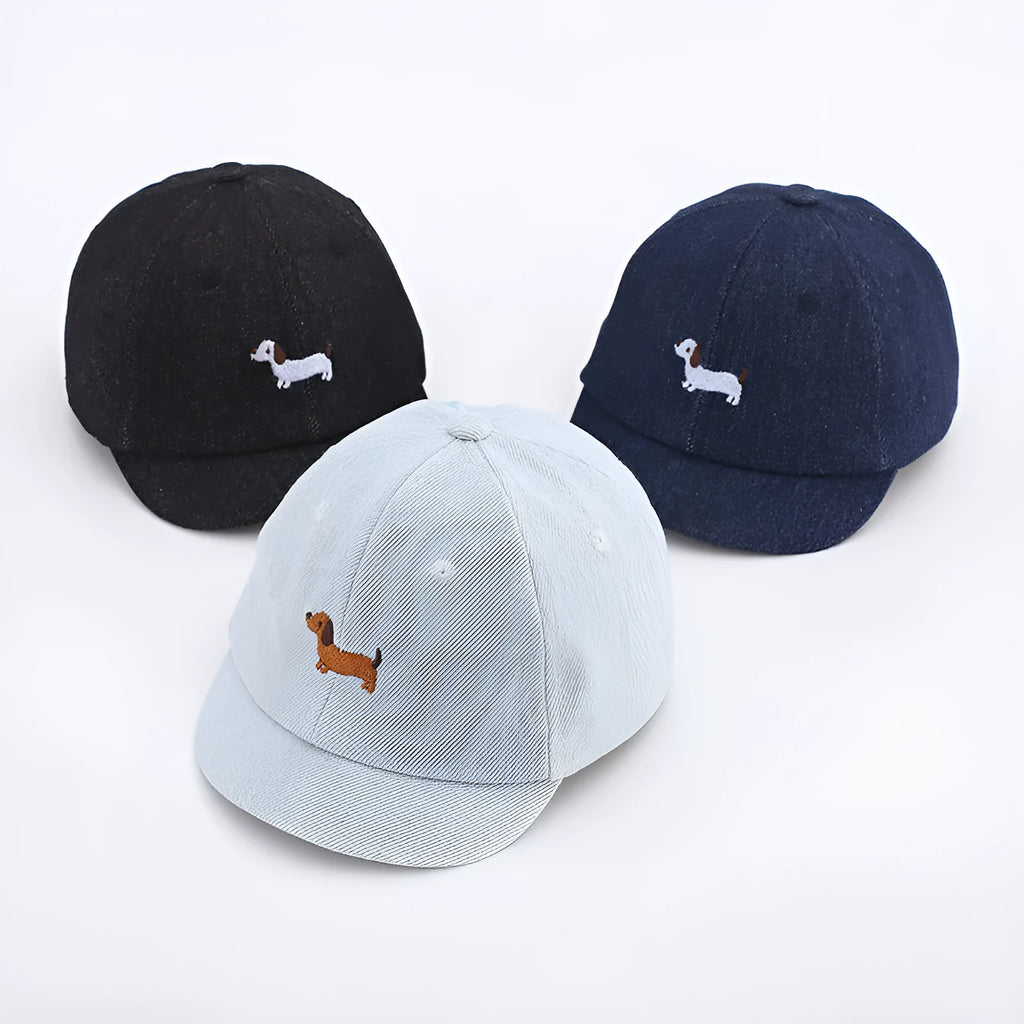 Baby denim baseball cap with puppy brim in blue, size 48cm, dome crown style