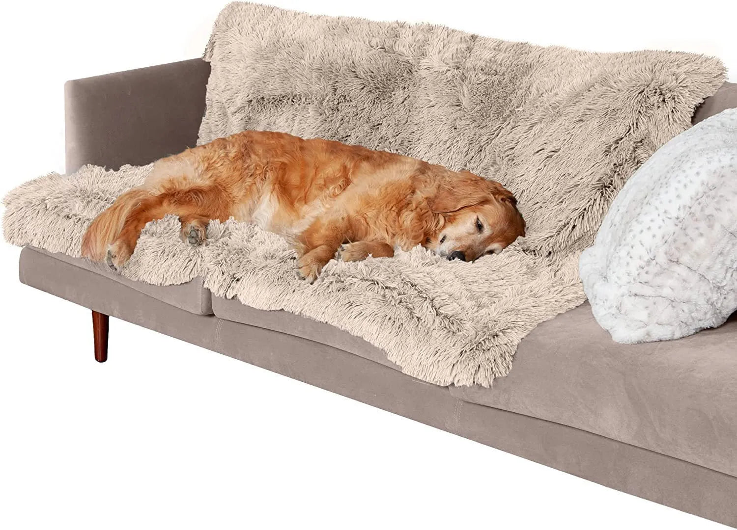 Plush waterproof double layer dog cushion in dark gray, showing soft fabric surface and edge stitching