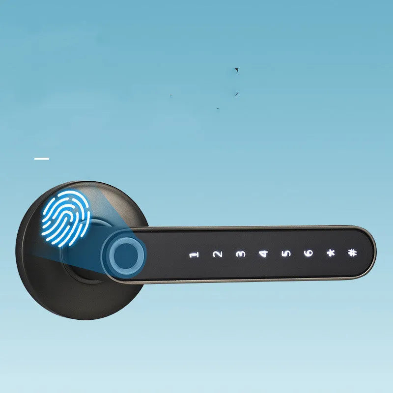 Black alloy smart lock with fingerprint sensor and keypad on a door handle for keyless home security