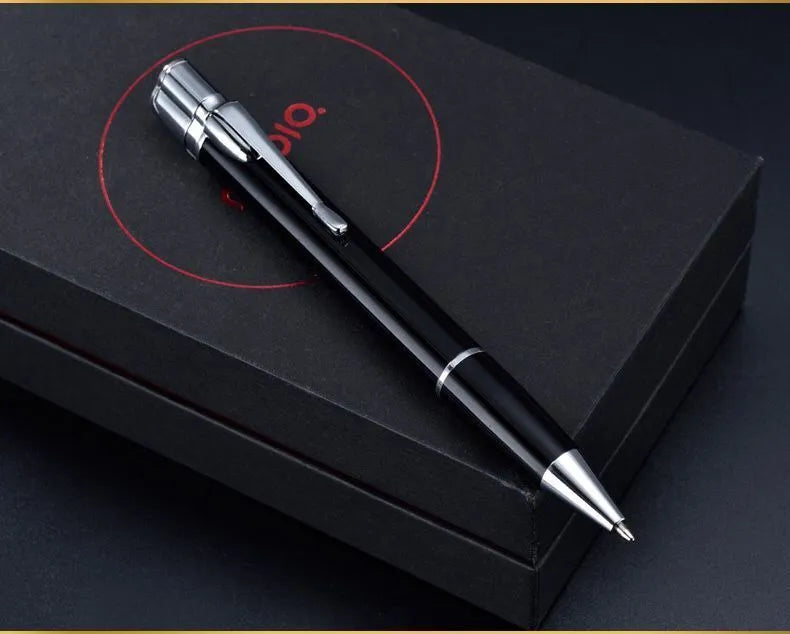 Creative metal signature pen lighter in black with windproof jet flame and red buttons on a white background