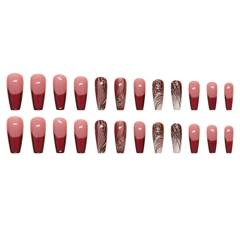 French line pattern false nails with adhesive glue in packaging