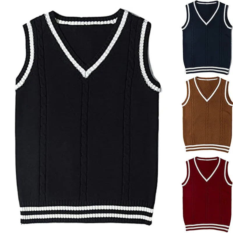 Women's slim fit V-neck knitted sweater with striped stitching and waistcoat styling