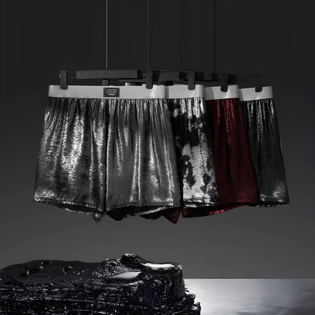 Men's reflective bright silver woven loose fit underwear with mid waist design