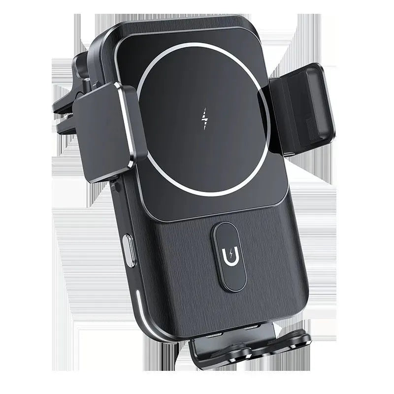 Black car wireless phone charging holder mounted on dashboard with 15W fast charging capability