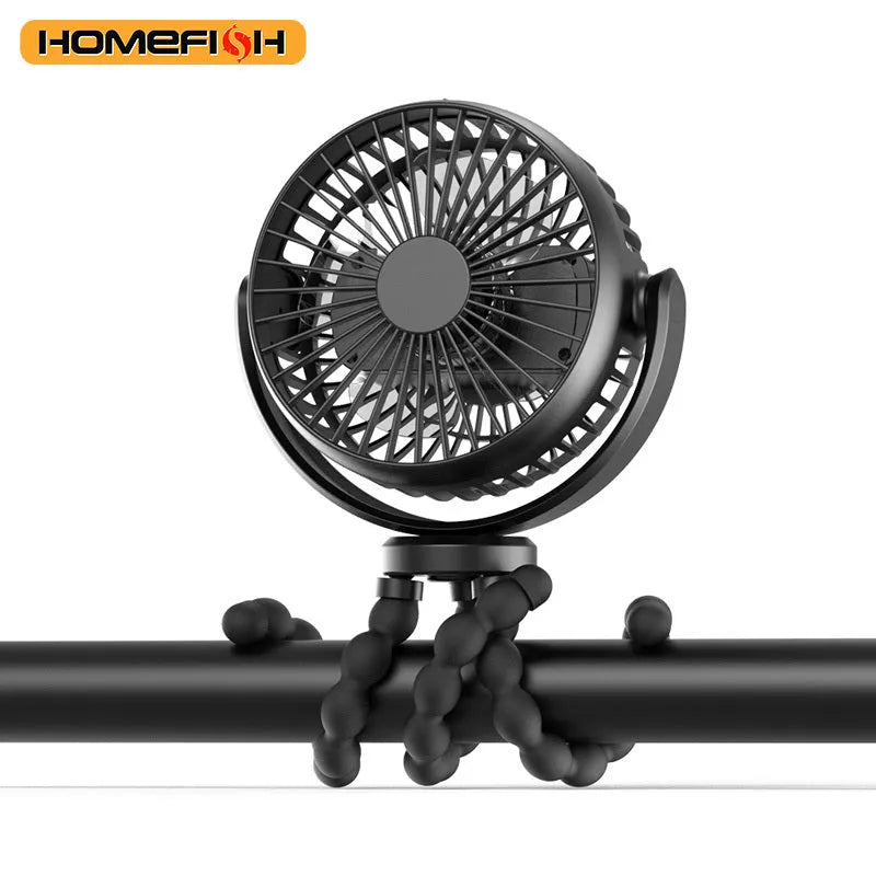 HOMEFISH F2 automatic shake head rechargeable fan with LED light and removable mounting bracket.