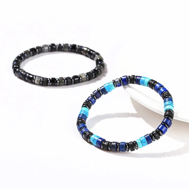 Natural haematite spacer bead bracelet with volcanic rock and aragonite interval beads, 6mm, simple unisex style