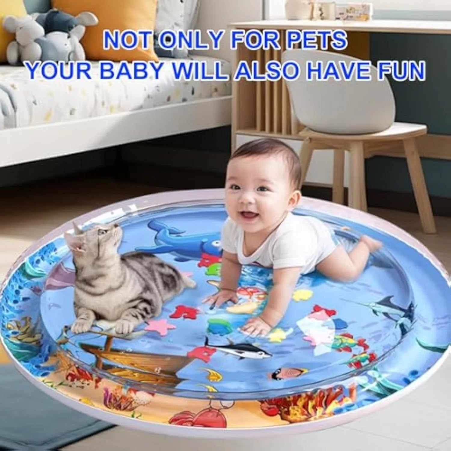 Blue round cat water mat with ocean fish floating toys and inflator, 90cm diameter