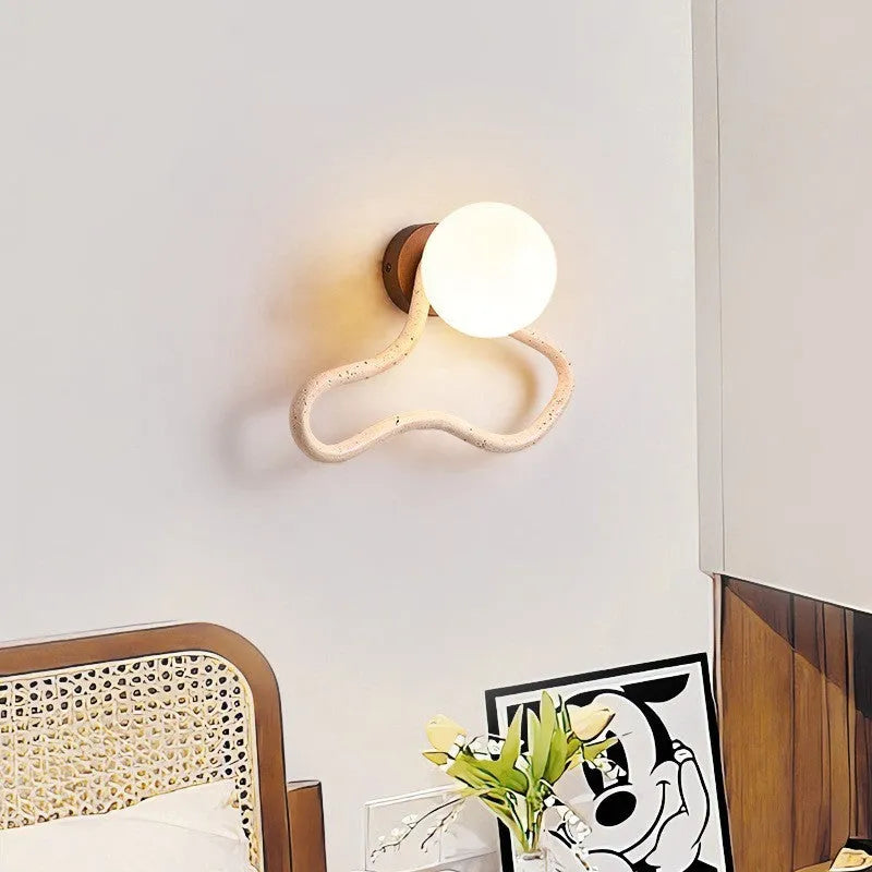 Middle ancient cream style bedroom bedside wall lamp with white travertine glass lampshade and solid wood base, 30cm length