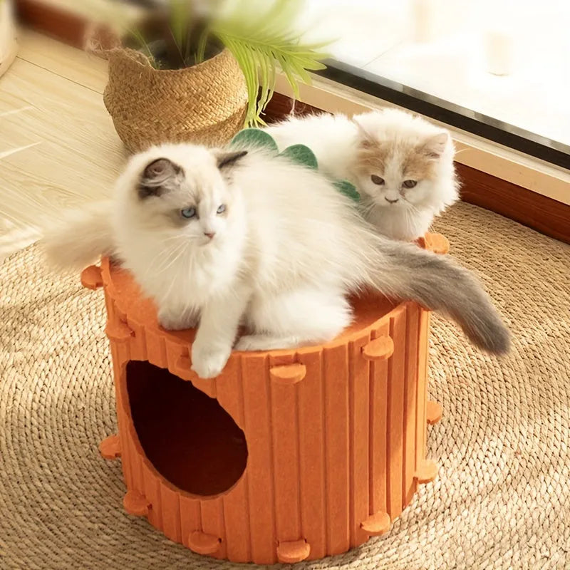 Grey felt cat tunnel leading into a semi-enclosed nest, shown in M and L sizes.