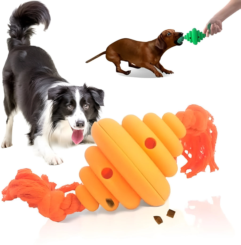Green and yellow dog ball with rope toy for large breeds showing treat dispensing slot