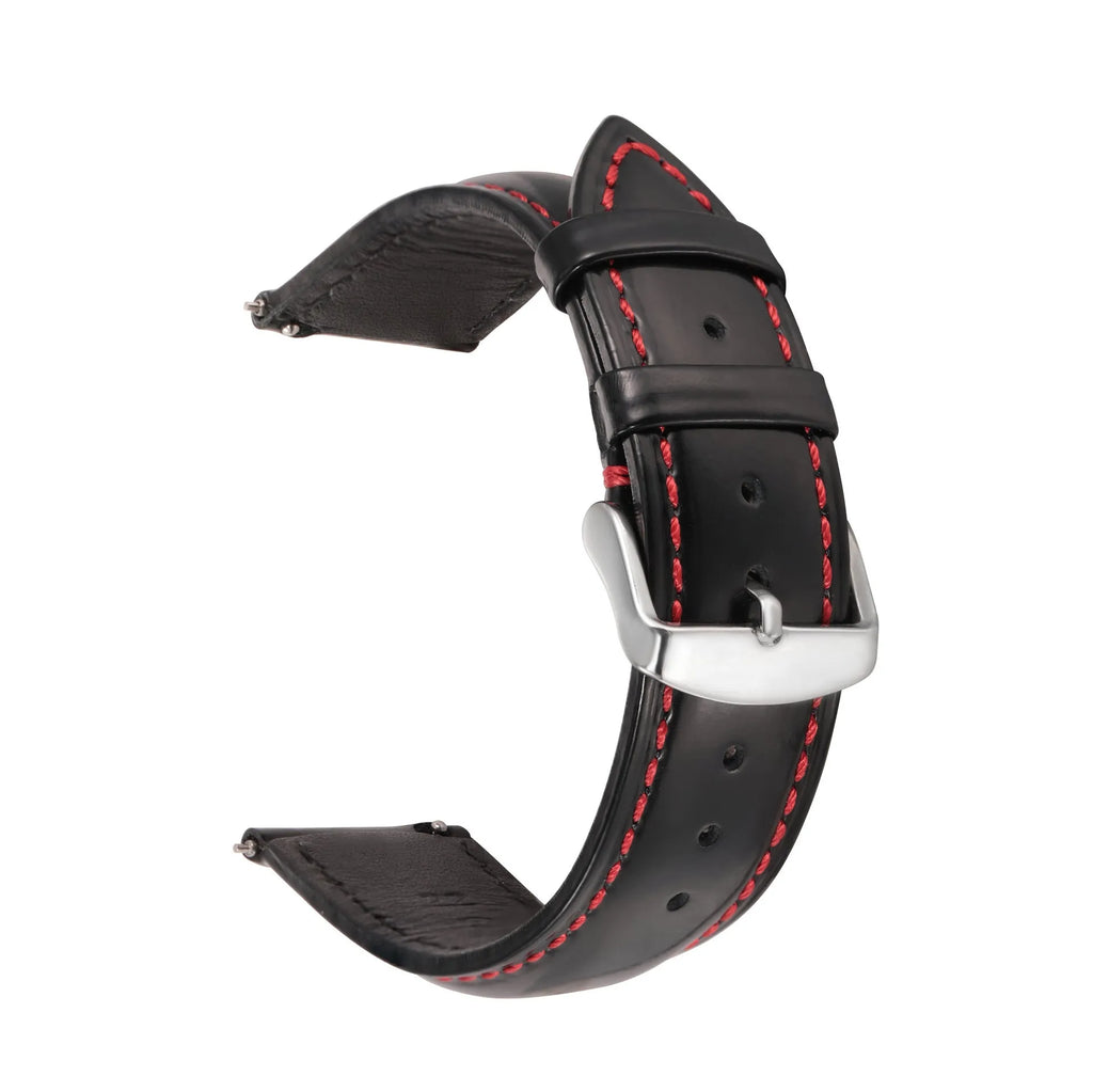 Quick release leather watch strap in cowhide showing colour options and straight end design