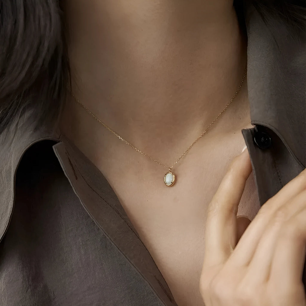 S925 silver geometric pendant necklace with oval jelly opal gemstone in gold plating