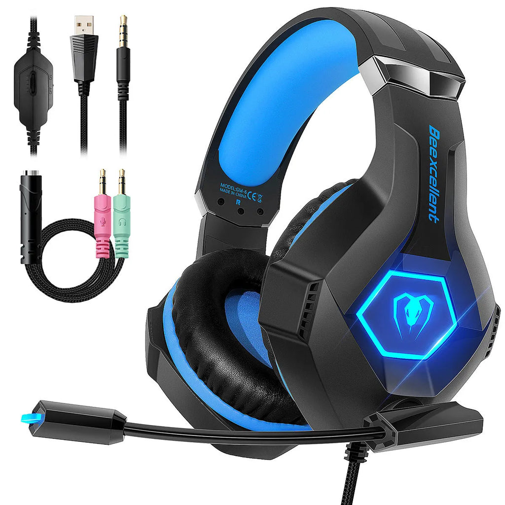 Thunder Wear luminous gaming headset with microphone, 50mm driver, LED lighting, black blue colour