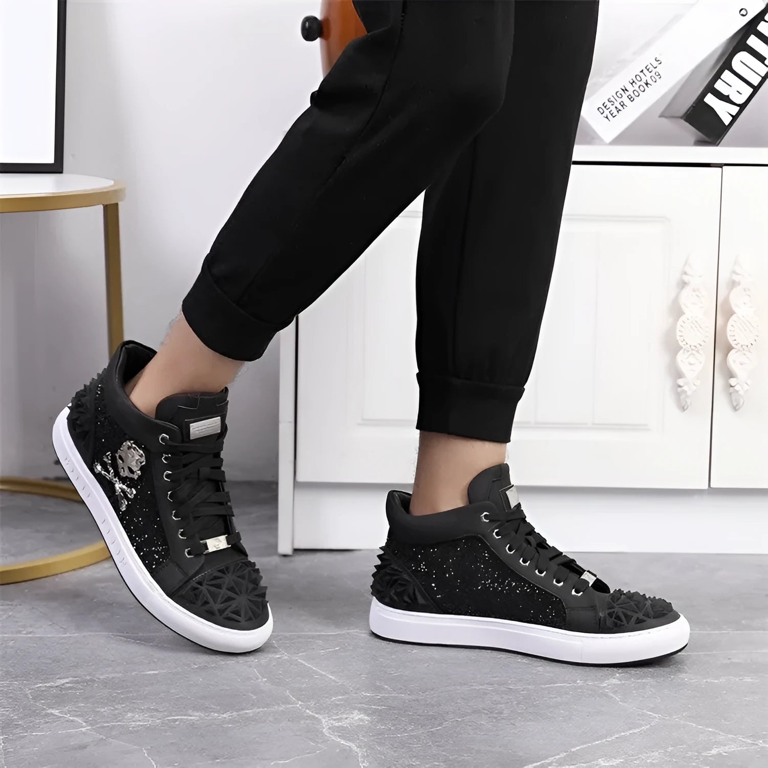Men's black genuine leather high top skeleton shoes with white rubber sole and lace-up front