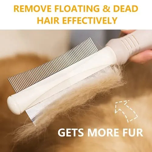 White double-sided pet grooming brush with comb and deshedding head on a curved ergonomic handle.