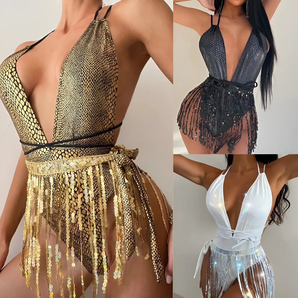 Gold tassel backless one-piece swimsuit with high elasticity spandex lining on a model