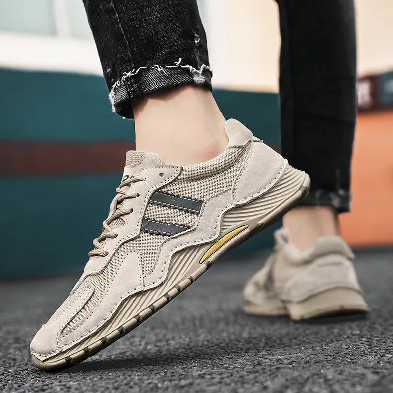 Men's low-top lace-up hiking boots with pigskin upper and platform sole, sand colour