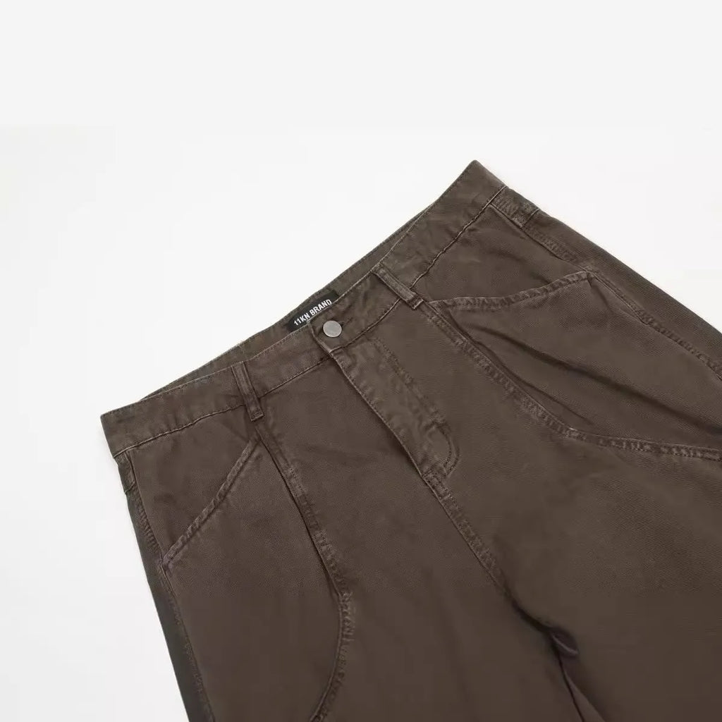 Men's straight-leg wide leg trousers in brown cotton fabric with high waist and zipper fly