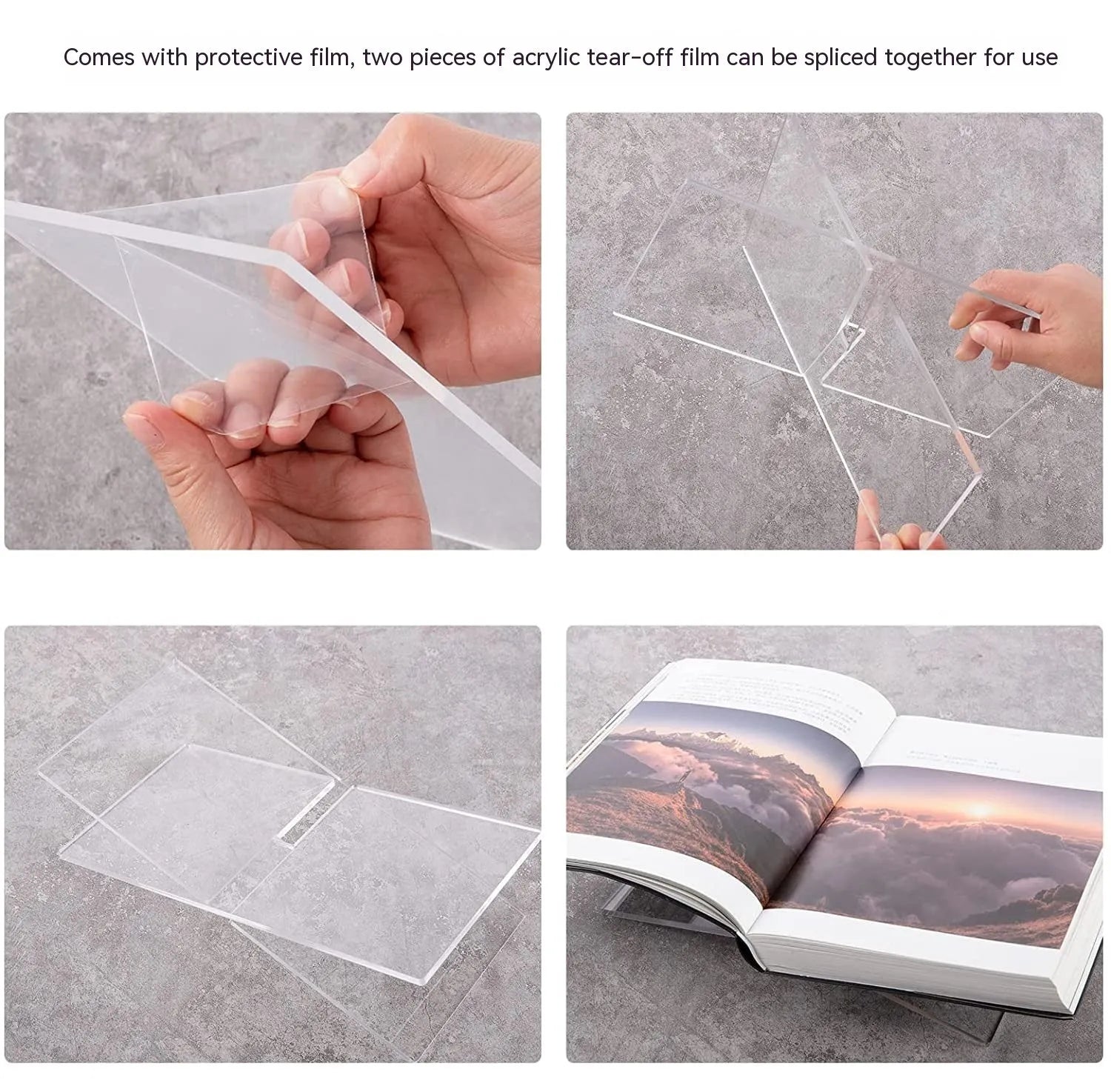 Clear acrylic X-shaped book reading rack displaying hardback books on a wooden desk