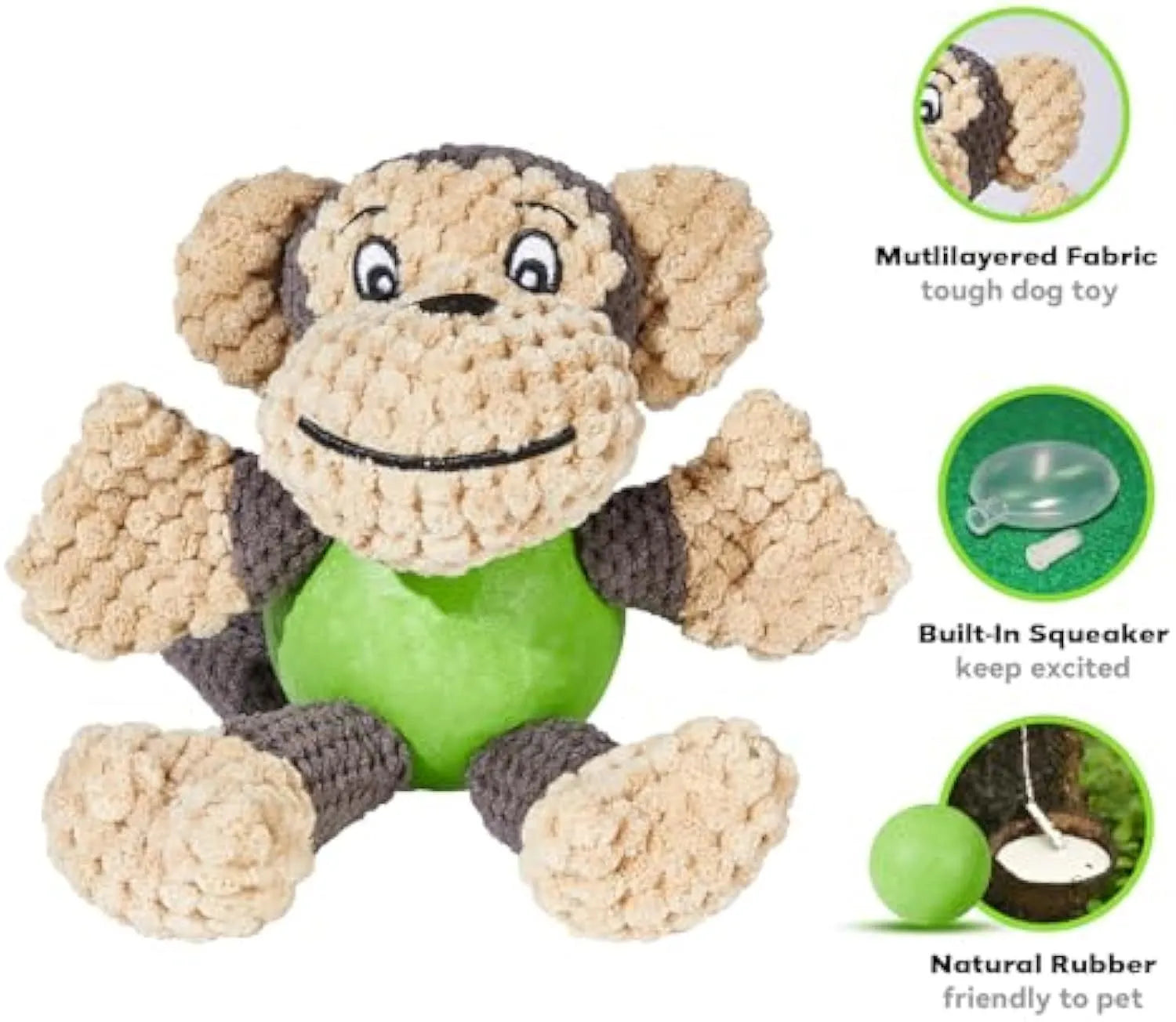 Cute monkey plush squeaky dog toy with soft fabric and four legs on white background
