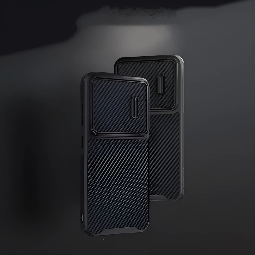 Black Samsung S23 Ultra mobile phone case with a built-in lens push cover, showing TPU and carbon fibre texture.