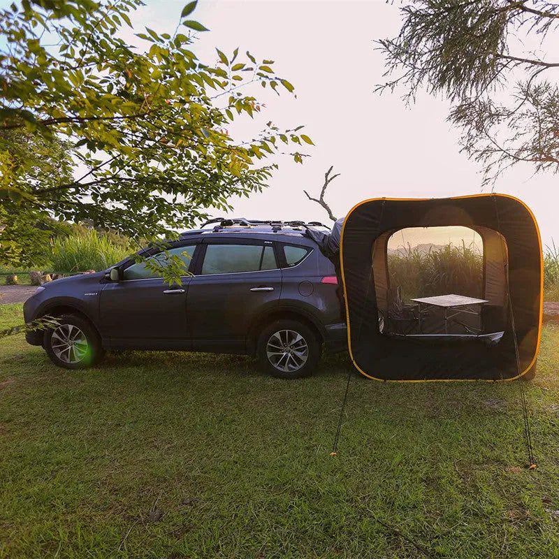Black pop-up car tail tent with steel frame poles unfolded to 200cm cubic dimensions