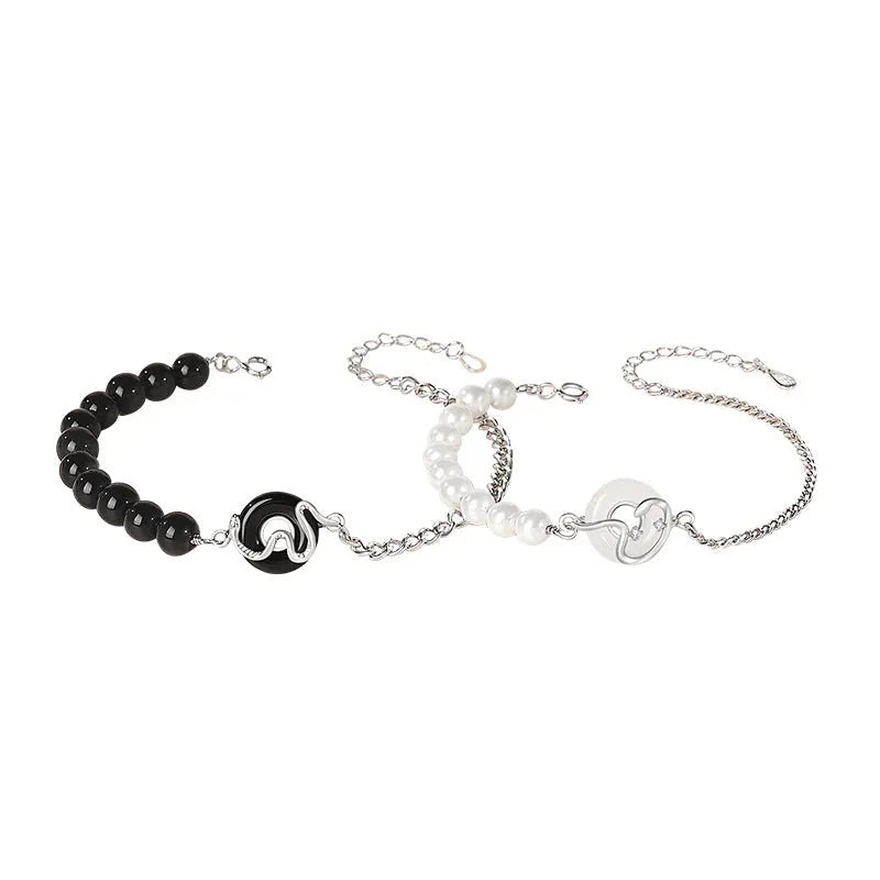 925 Sterling Silver Chinese Obsidian Pearl Couple Bracelet with snake design and safe buckle.