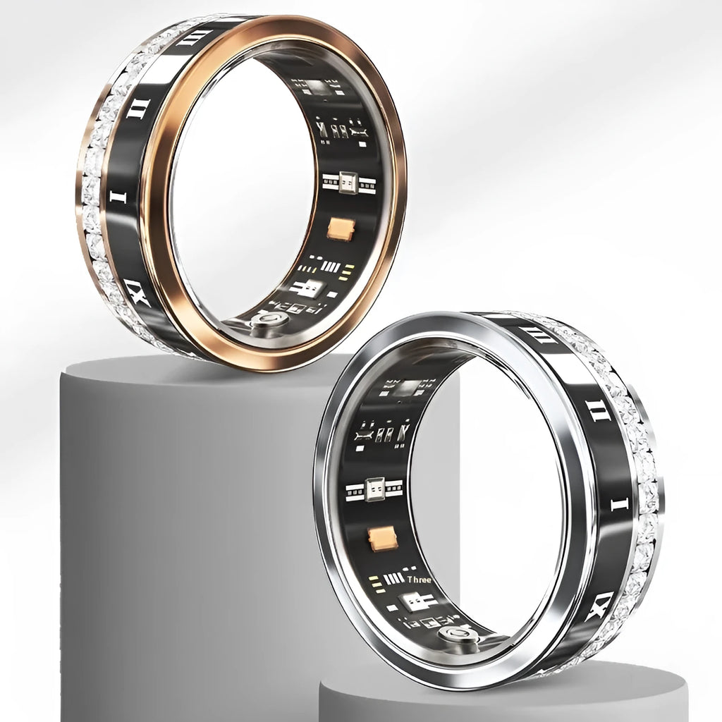 Silver and gold diamond inlaid smart ring for fitness tracking and blood oxygen monitoring.