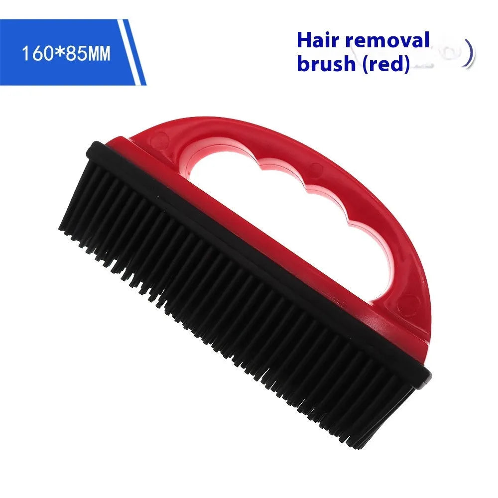 Red plastic pet hair removal brush measuring 160x85mm for grooming and carpet cleaning
