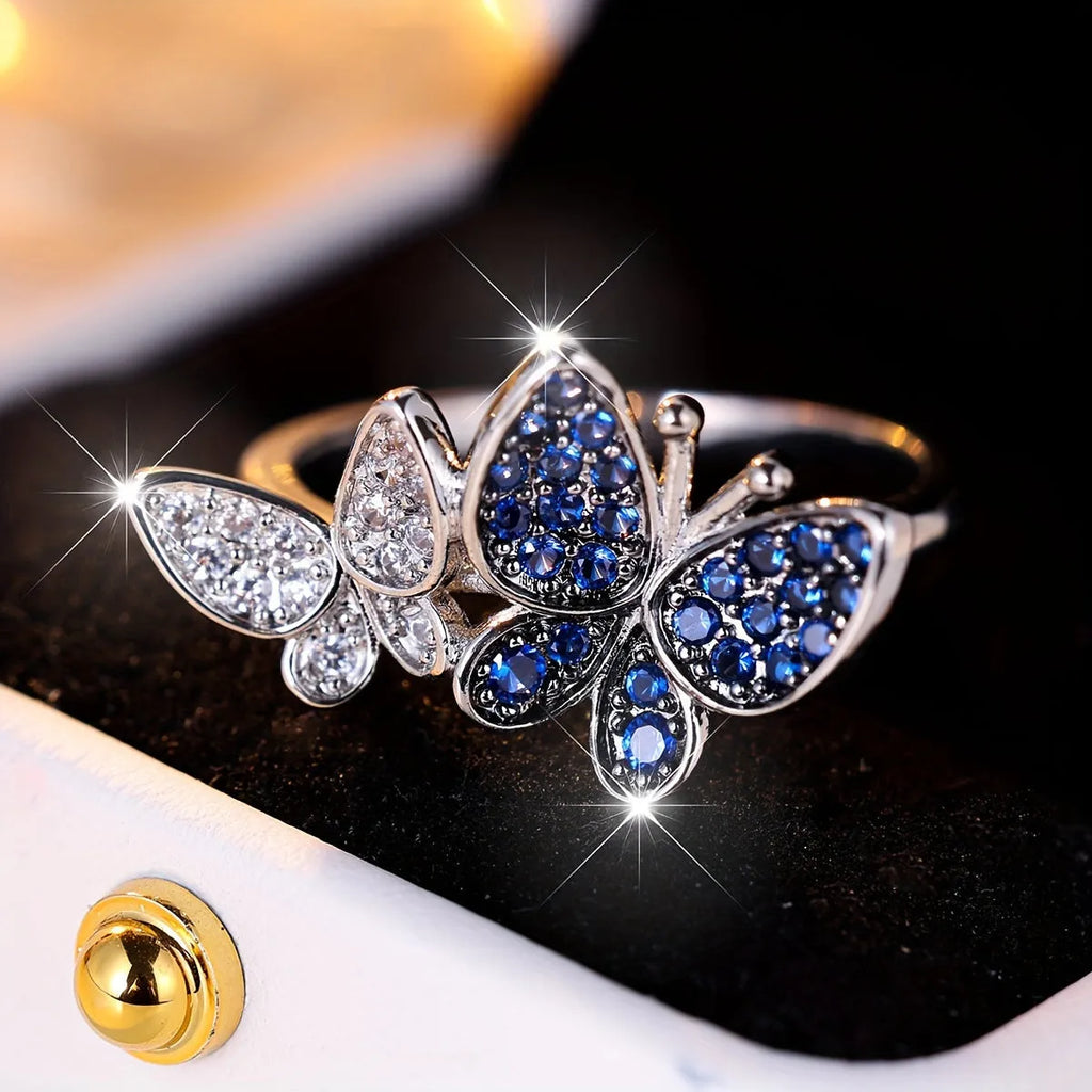 Blue and white butterfly ring for women, copper with electroplating finish, size No 8