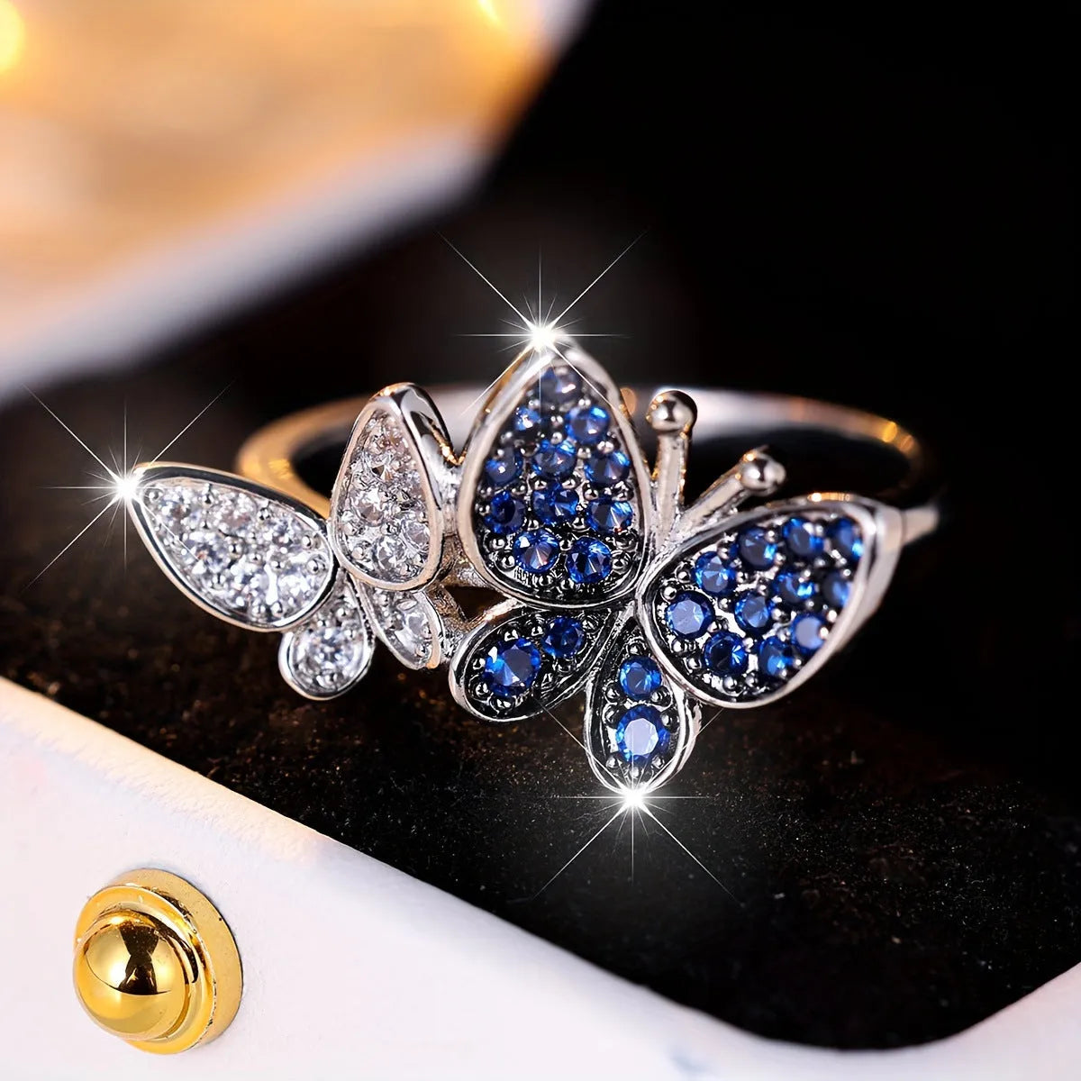 Blue and white butterfly ring for women, copper with electroplating finish, size No 8