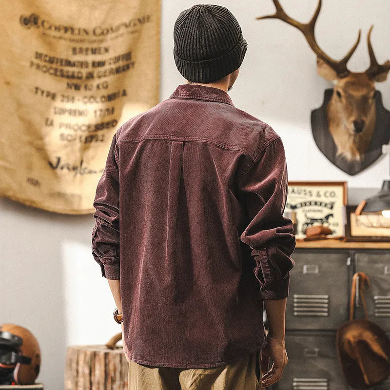 Men's retro corduroy shirt jacket in loose fit with long sleeves available in red or black colours