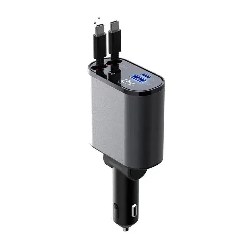 Metal car charger 100W with retractable cable and adjustable head on black background