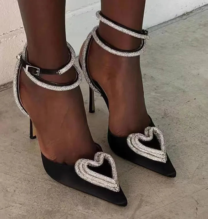 Women's pointed toe satin sandal with heart rhinestone cross strap in black pink or white