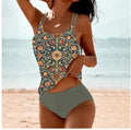 Vintage printed high waist conservative swimwear set in retro dot pattern, polyester lining, available in black