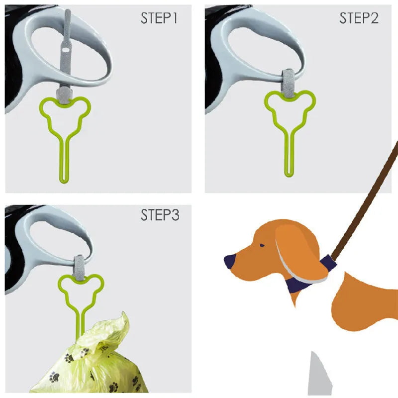 A hands-free dog poop bag holder with a fixed clip and adjustable hook and loop fastener attached to a dog leash.