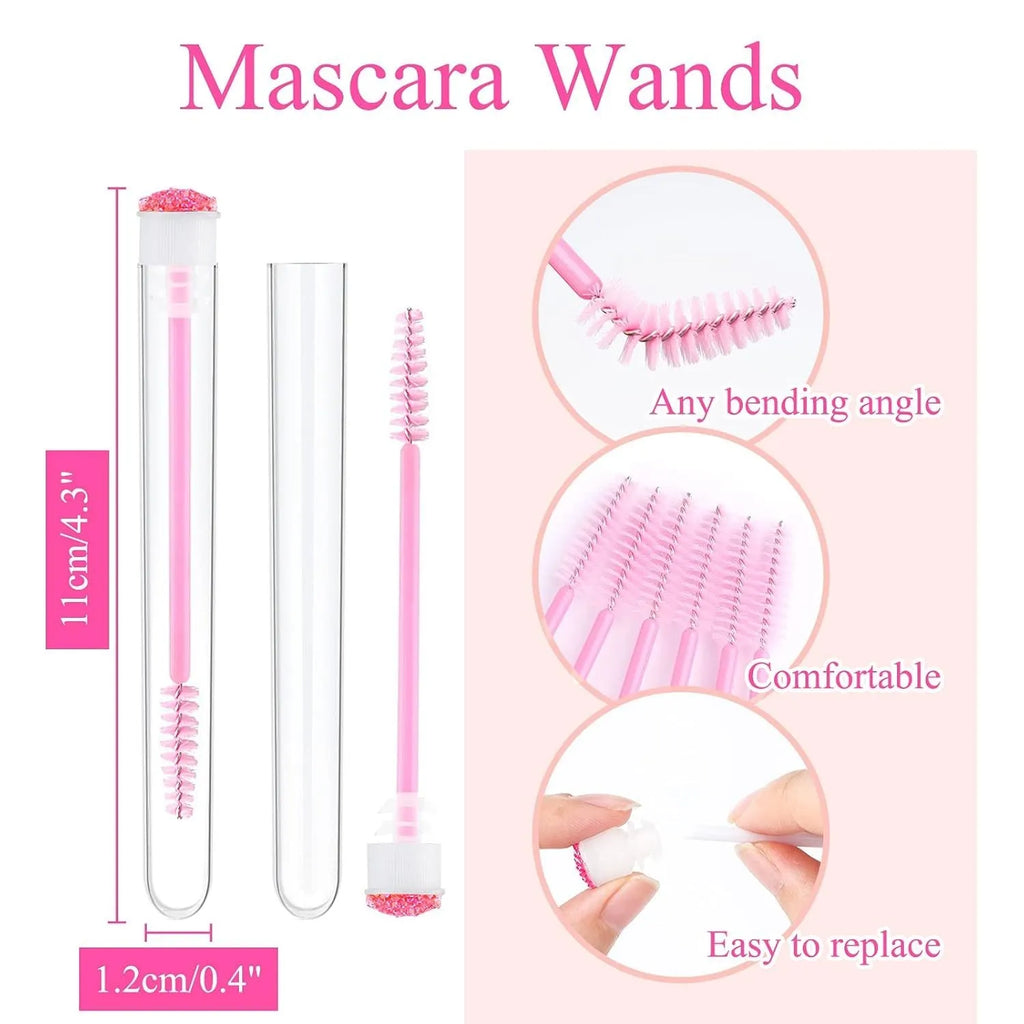 Disposable eyelash brushes in blue, green, pink, and purple colours with transparent storage tubes
