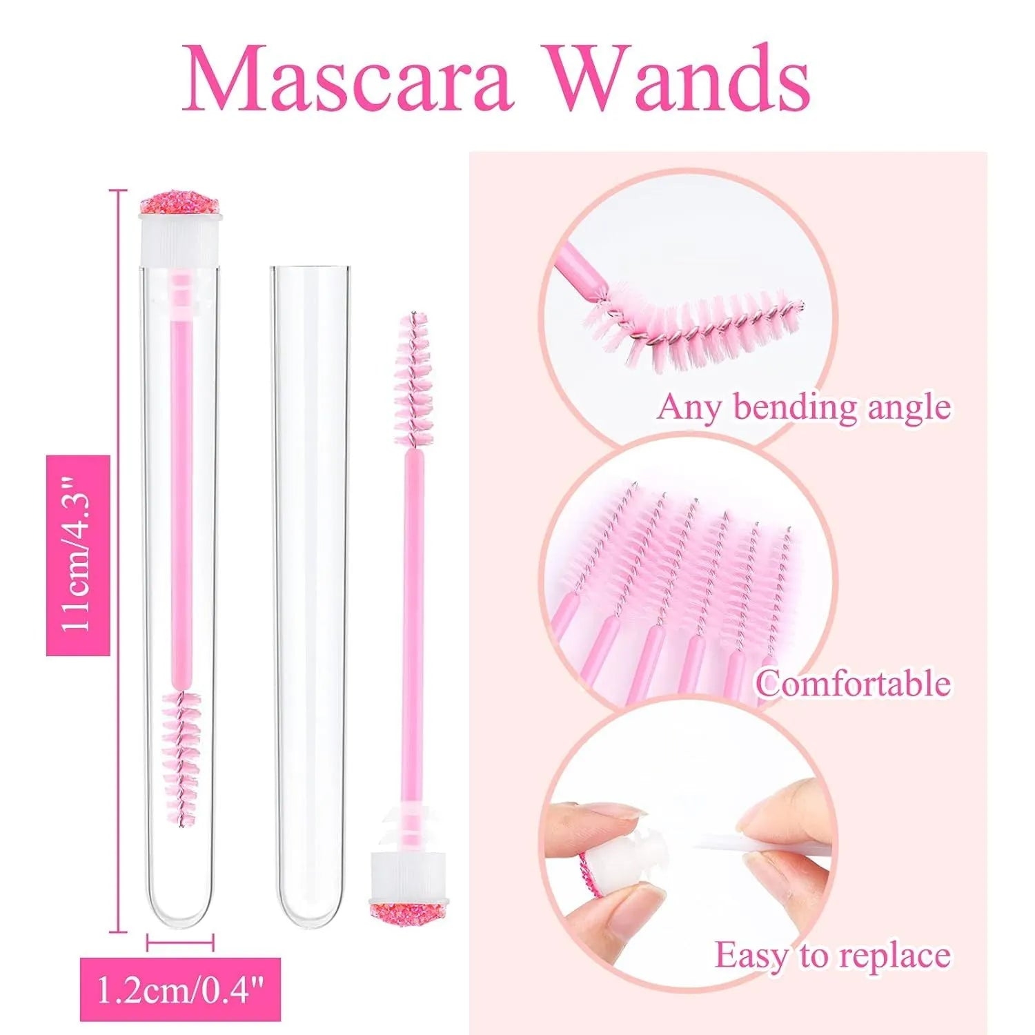 Disposable eyelash brushes in blue, green, pink, and purple colours with transparent storage tubes