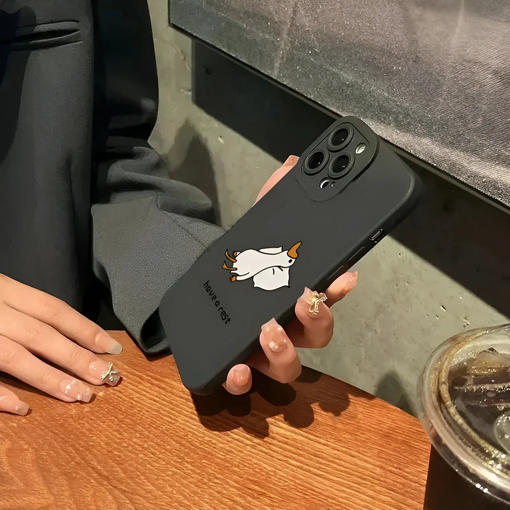 Creative cute cartoon duck silicone phone case for Apple iPhone in black with carved duck design